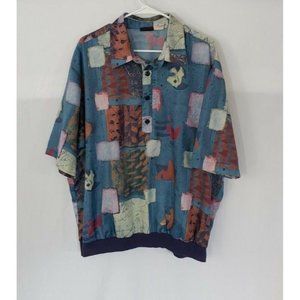 Vintage Dad Shirt Men's 2XL Blues Polyester USA Repp 80s Banded Shirt Retro